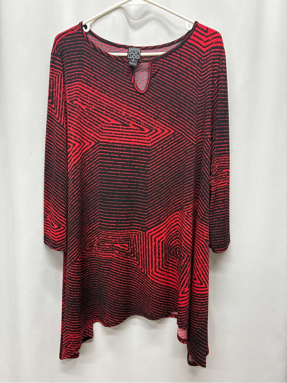 Clara Sun Woo blouse womens 2x abstract geometric tunic top sharkbite hem
